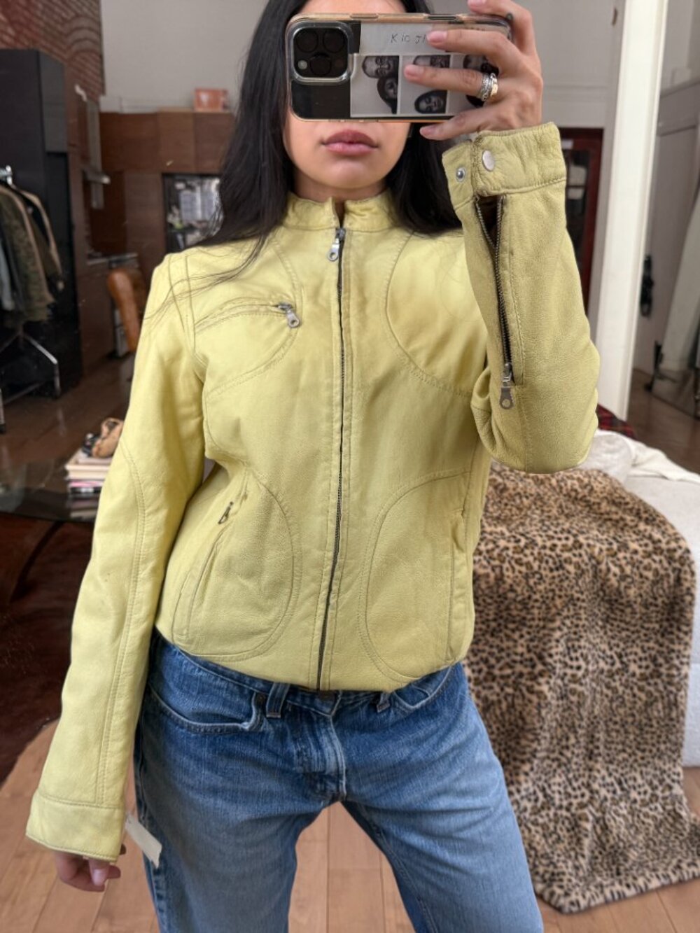 (SOLD) Vintage Butter Yellow Leather Moto Jacket M Y2K